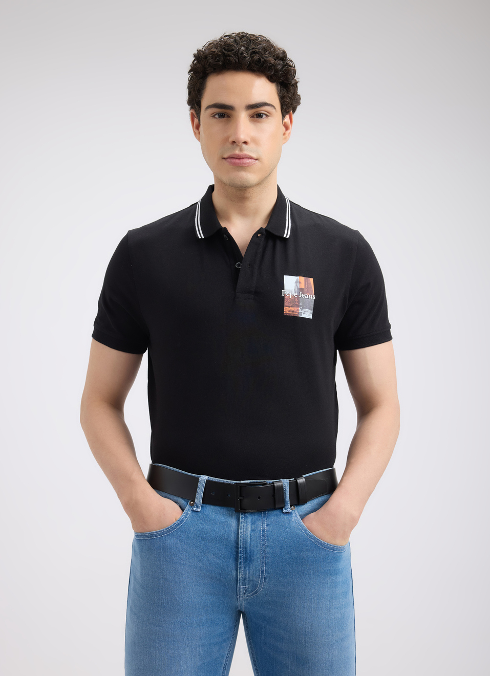 Men Black Photographic Print Short Sleeve Stretch Polo, , large image number 0