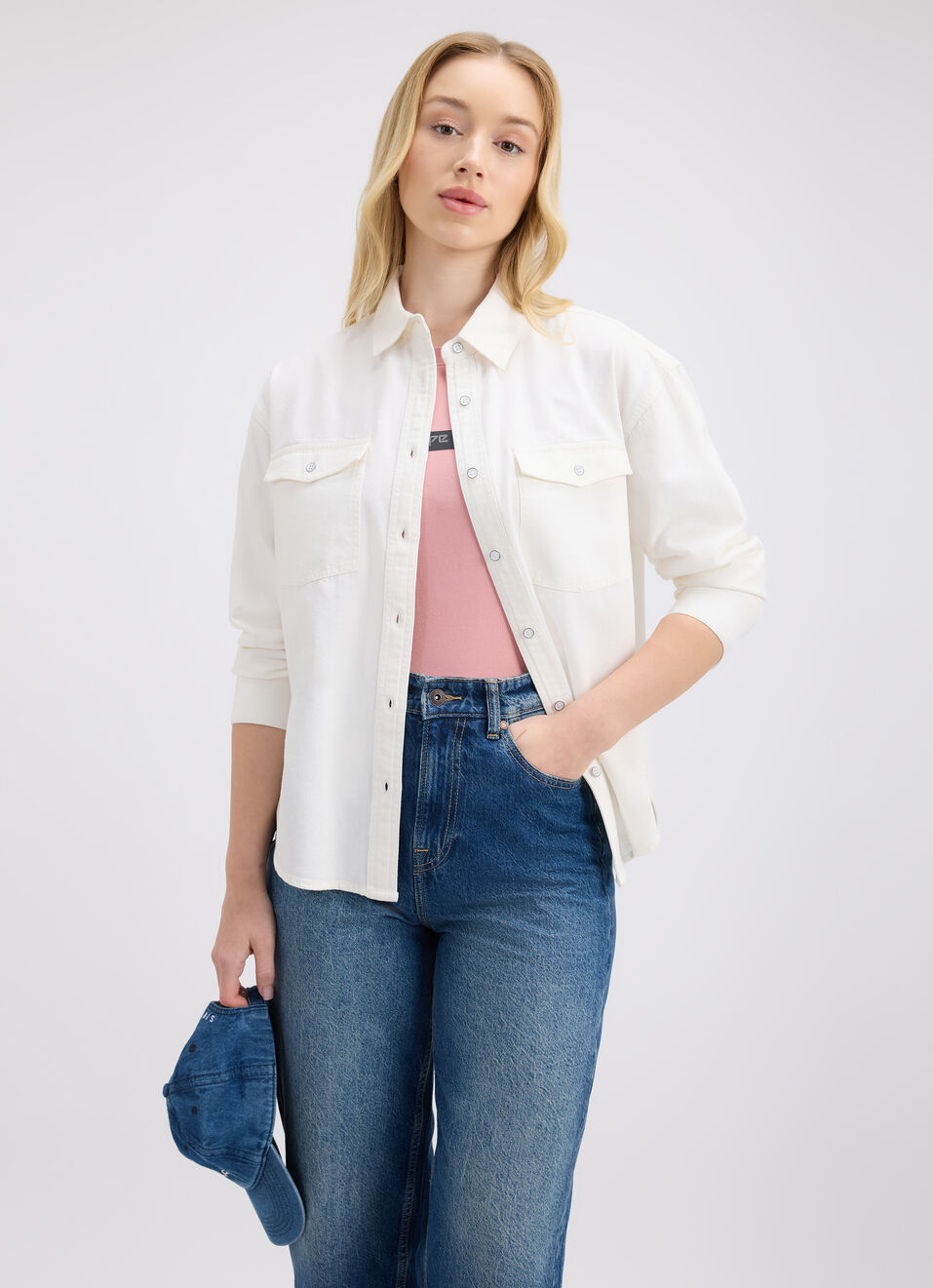 Women Ecru Double Flap Pocket Full Sleeve Oversized Denim Shirt, , large image number 0