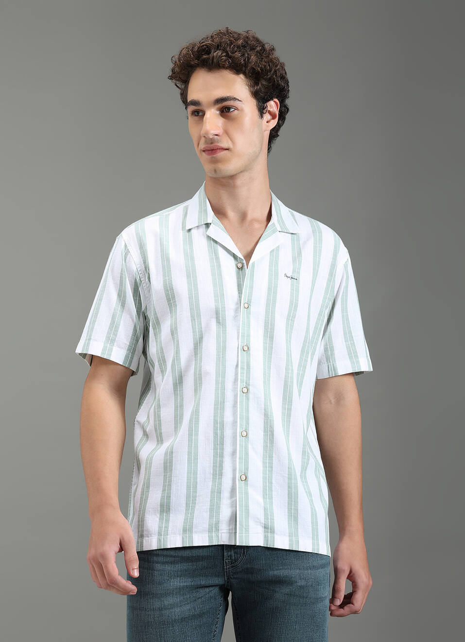 Men Green Striped Resort Collar Shirt, , large image number 5