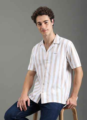 Men Beige Striped Resort Collar Shirt