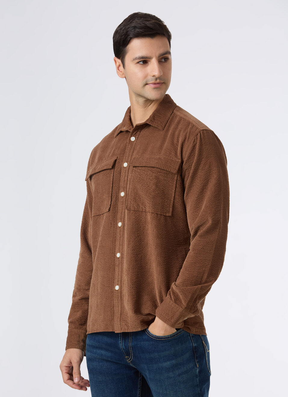 Men Brown Textured Shirt With Dual Flap Pocket, , large image number 3