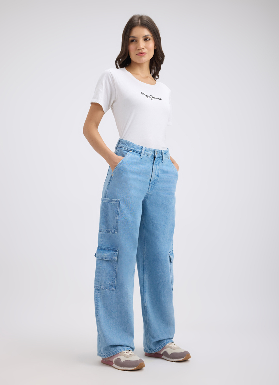 Women Blue Straight Fit High Rise Cargo Jeans, , large image number 0