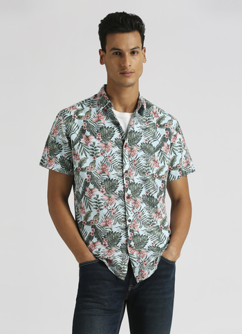 Blue Tropical Print Linen Short Sleeve Shirt