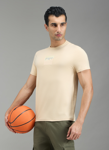 Men Beige Typographic Print Slim Fit T-shirt