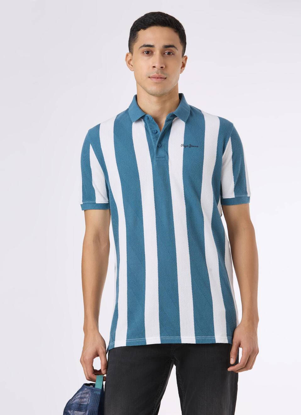 Men Teal Blue Striped Polo Collar T-shirt, , large image number 0