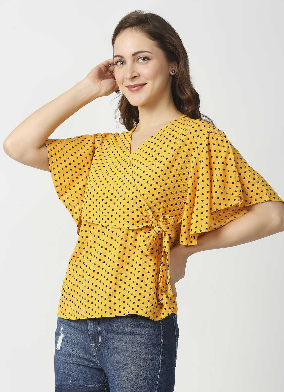 Lille Polka Dot Overlap Top With Flutter Sleeve, , large image number 3