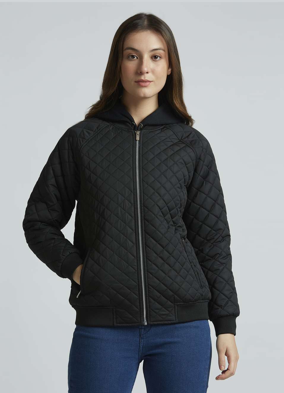 Black Raglan Sleeve Puffer Jacket, , large image number 0