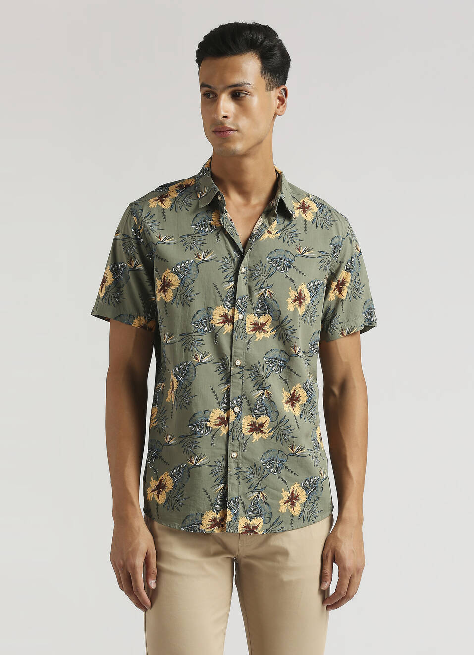 Olive Floral Print Short Sleeve Shirt, , large image number 1