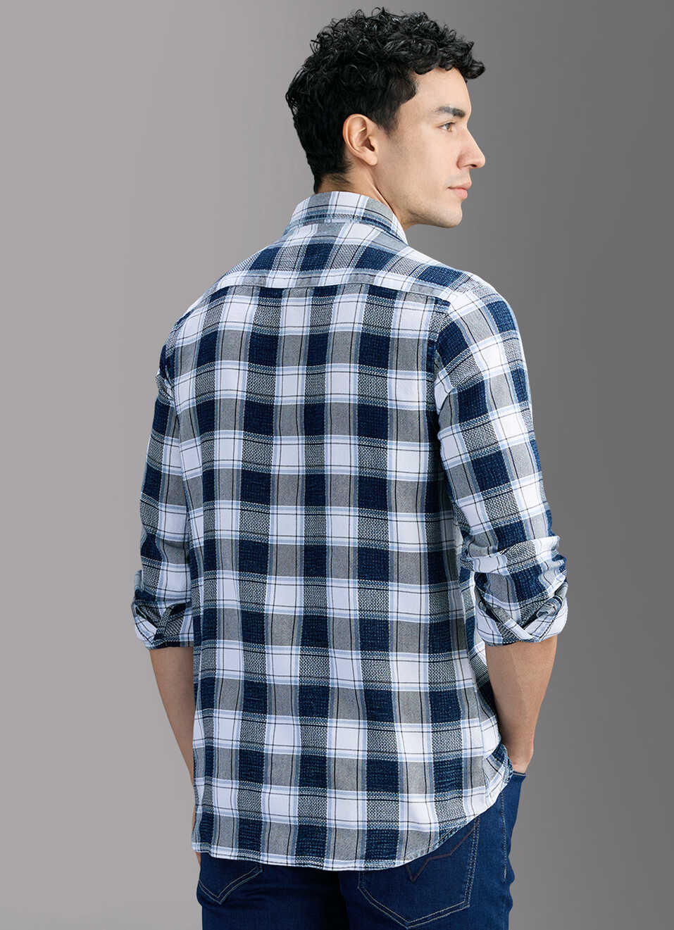 Men Navy Checked Shirt, , large image number 6