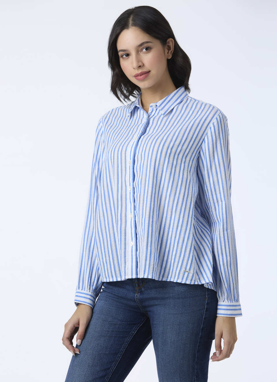 Women Blue Stripe Full Sleeve Shirt, , large image number 3