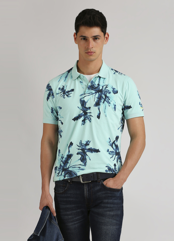 Green  Floral Print Short Sleeve Stretch Polo