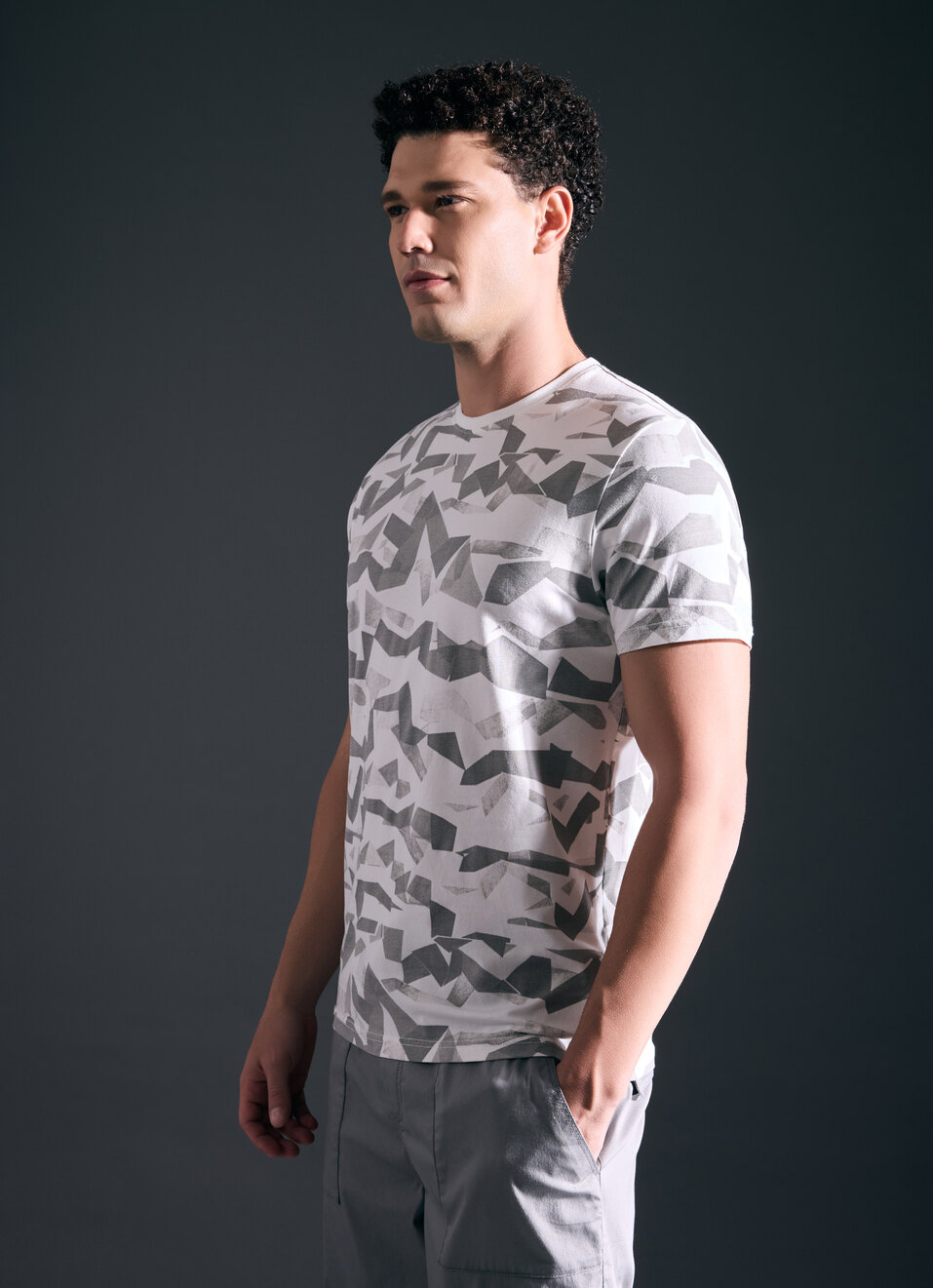 Men Ecru Abstract Print Short Sleeve Stretch T-shirt, , large image number 3