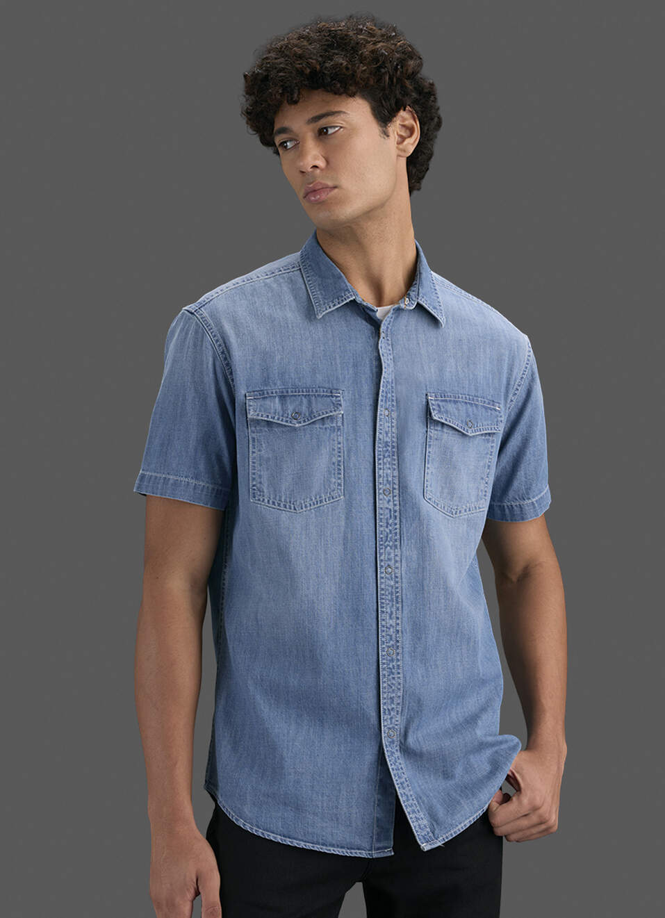 Men Blue Short Sleeve Denim Shirt, , large image number 5