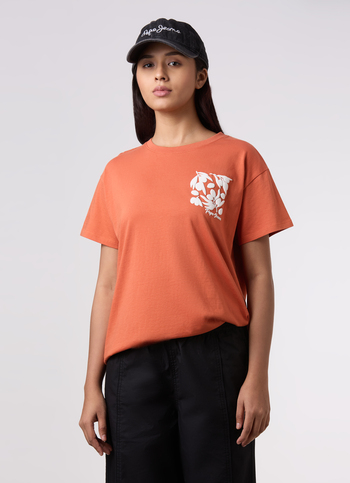 Women Orange Floral Placement Print Comfort Fit T-shirt