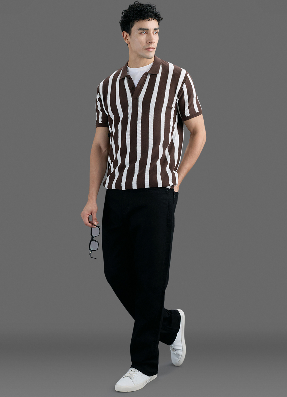 Men Brown Striped Flat Knit Polo Collar T-shirt, , large image number 2