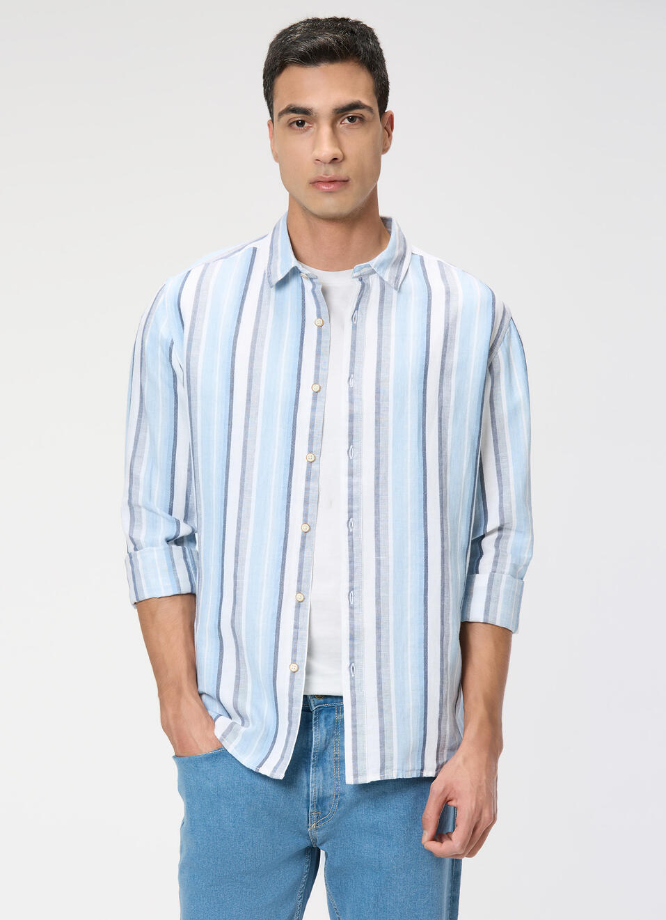 Men Blue Vertical Stripe Full Sleeve Shirt, , large image number 0
