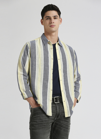 Blue Yarn Dyed Dobby Stripes Linen Long Sleeve Shirt