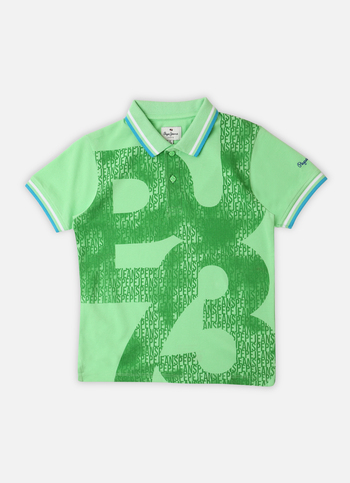 Boys Green Typographic Print Ribbed Collar Pique Polo