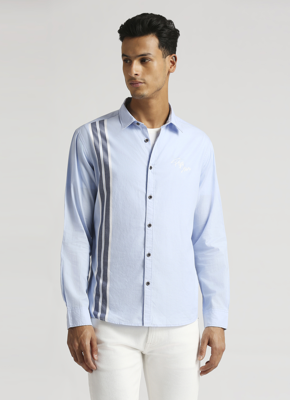 Sky Blue Yarn Dyed Placment Stripes Long Sleeve Shirt, , large image number 1