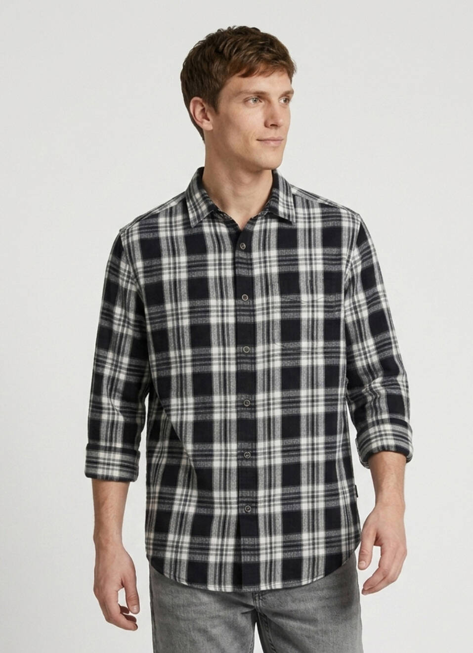 Men Black Checked Brushed Long Sleeve Shirt, , large image number 1