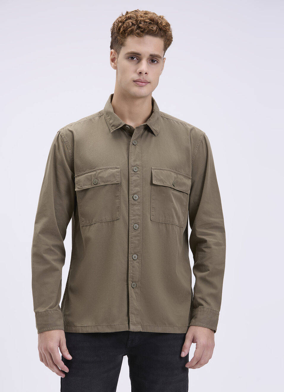Men Oversized Olive Utility Shirt With Big Flap Pockets, , large image number 1
