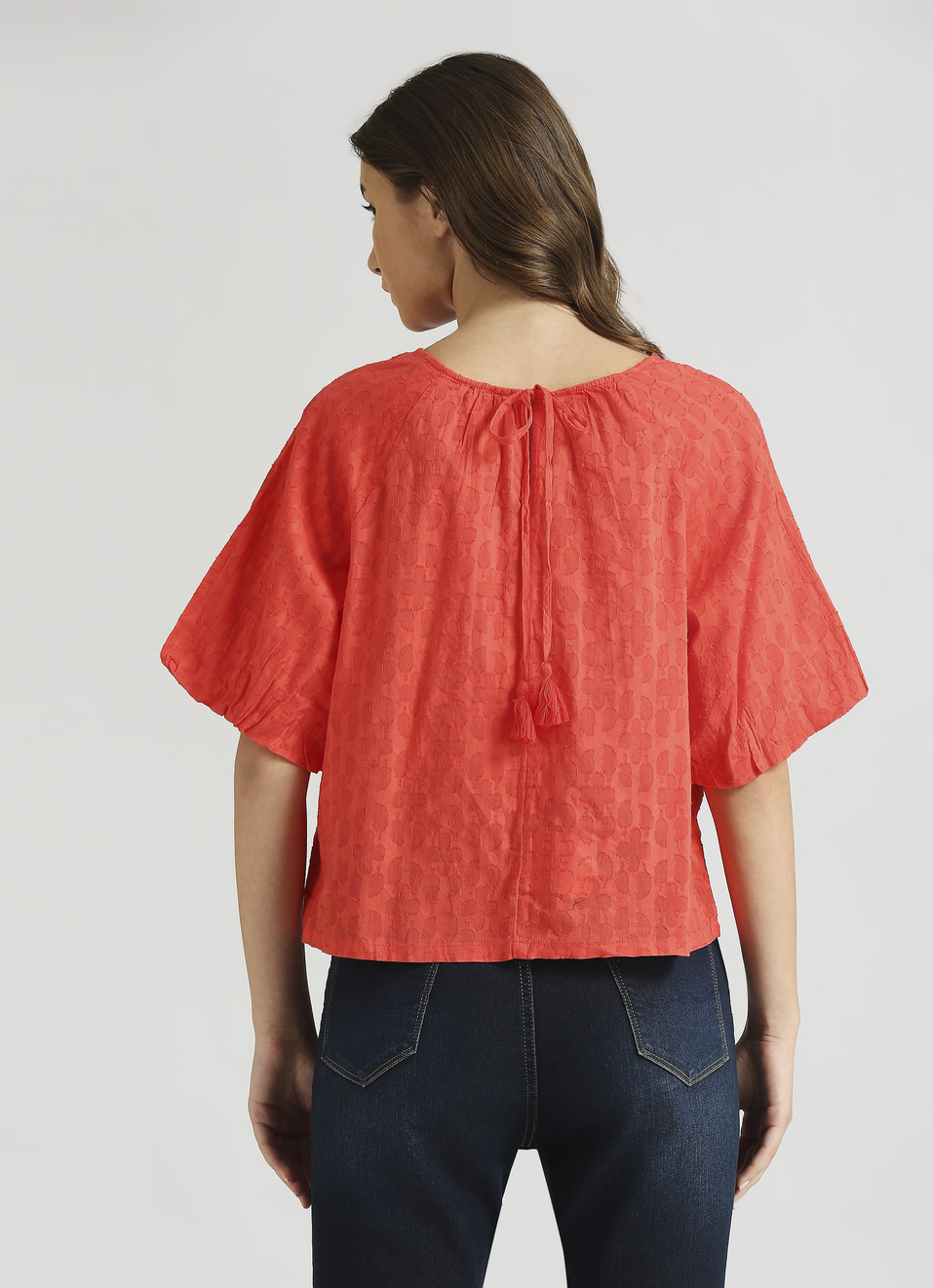 Red Self Design Raglan Puff Sleeve Top, , large image number 2