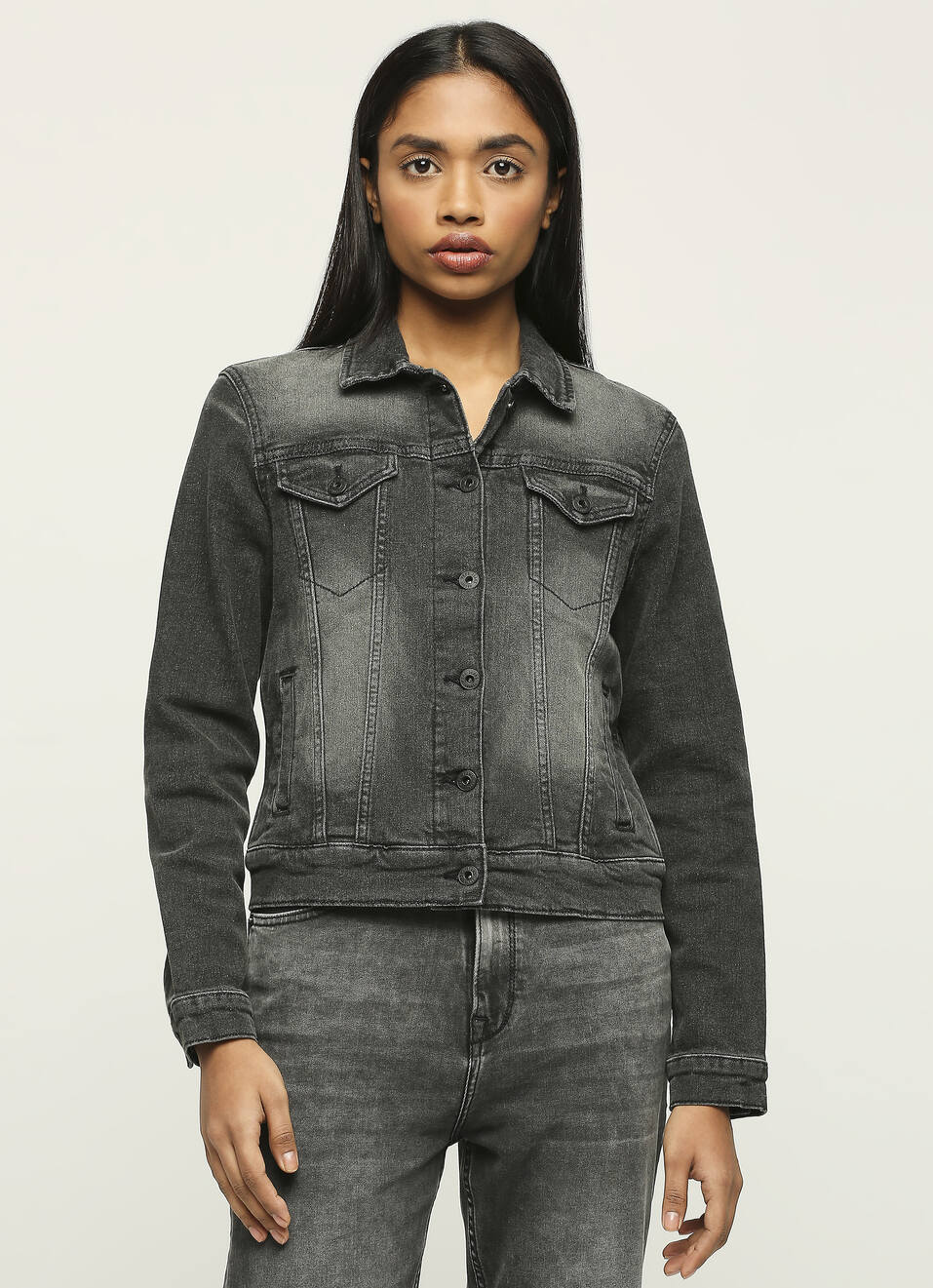 Black Front Pocket Trucker Denim Jacket, , large image number 1