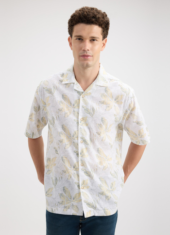 Men Yellow Resort Collar Tropical Print Short Sleeve Shirt