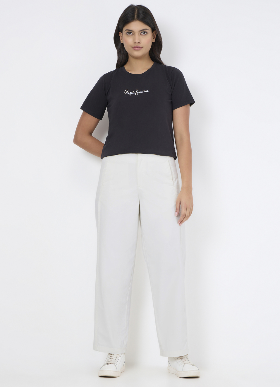 Women Off White Mid Rise Tapered Pants, , large image number 0