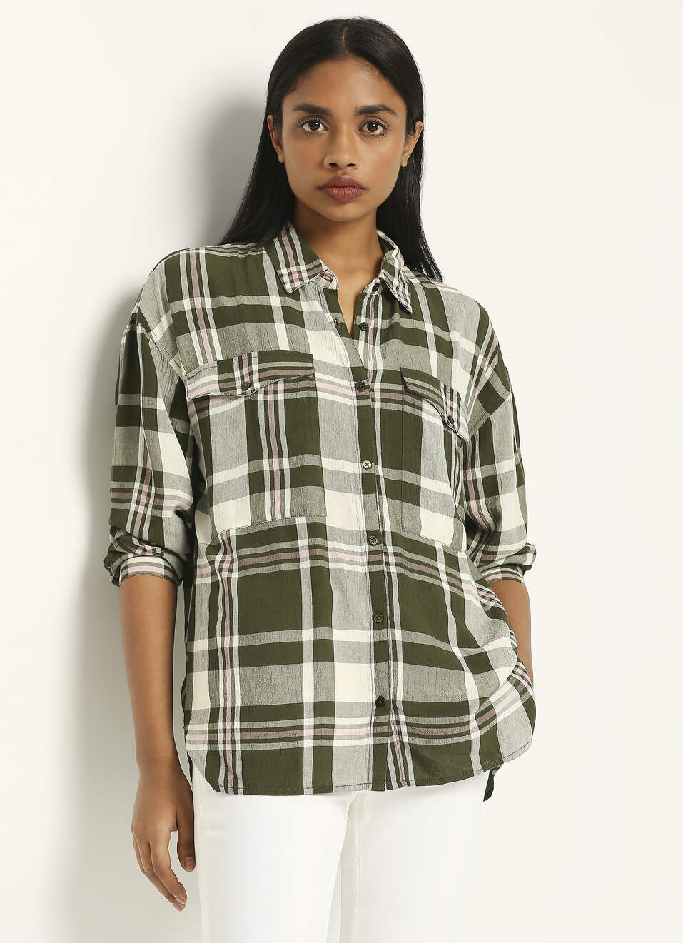 Green Checks Long Sleeve Oversized Shirt, , large image number 0