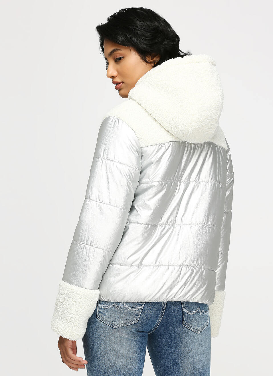 Silver Colour Block  Puffer Jacket, , large image number 2