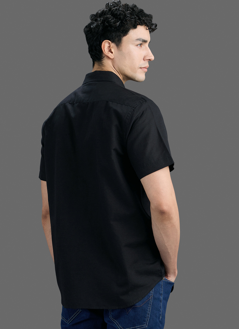 Men Black Solid Cotton Linen Short Sleeve Shirt, , large image number 6