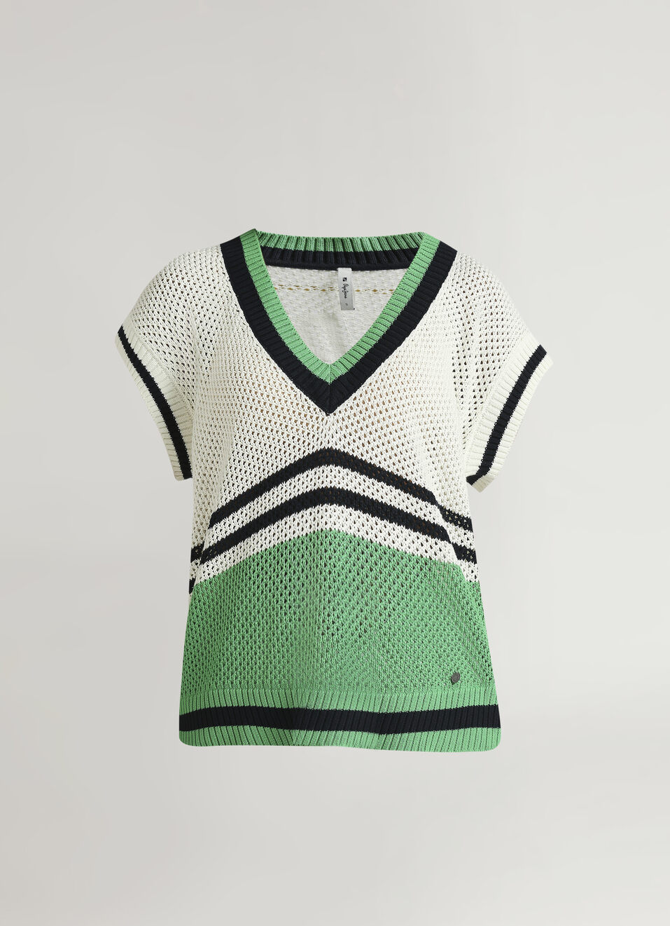 Green Oversized Self-Design Sleeveless Knitted Varsity Vest, , large image number 6