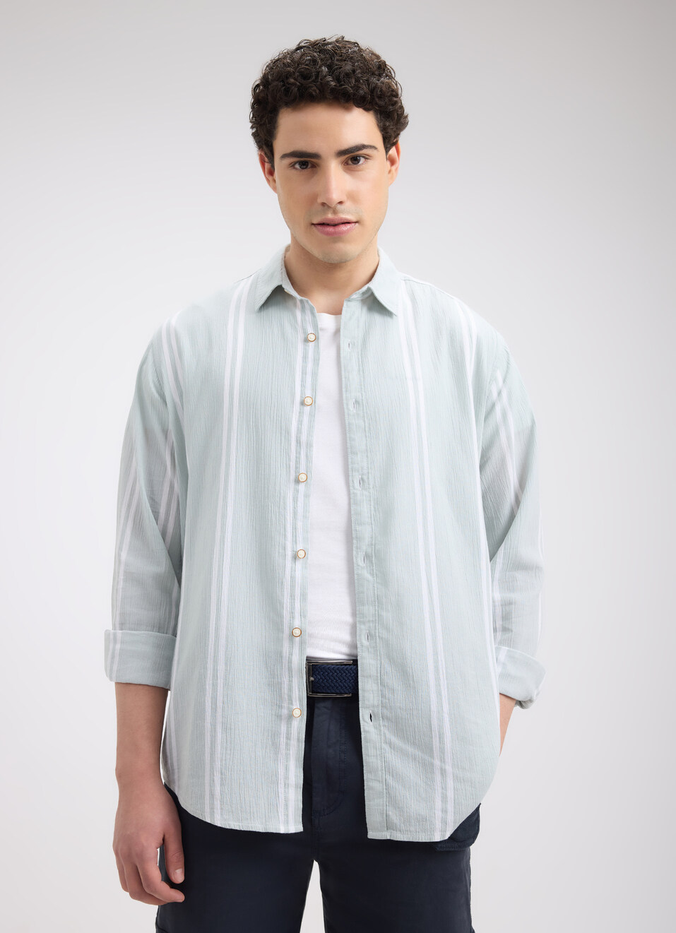 Men Green Stripe Full Sleeve Shirt, , large image number 0