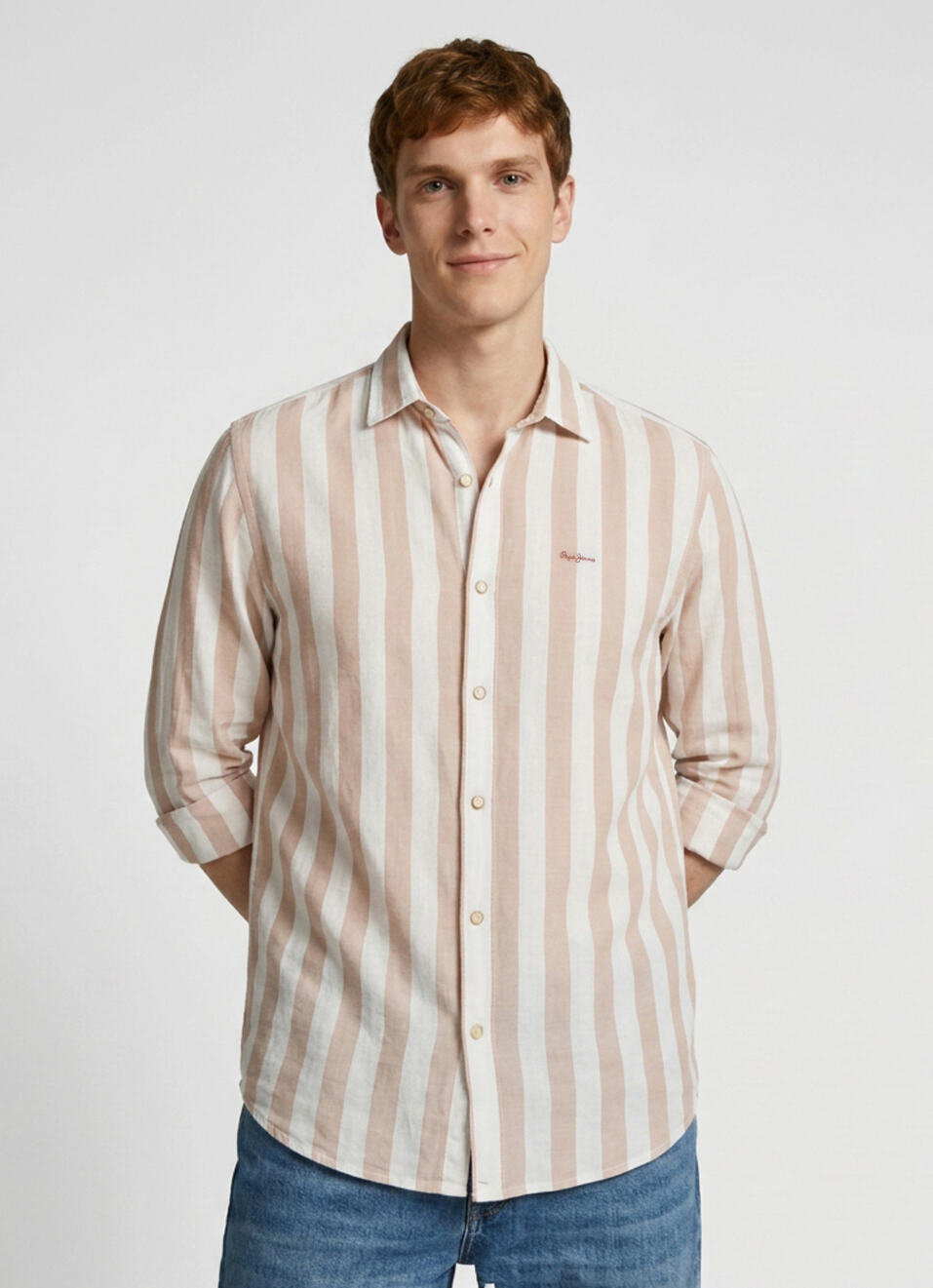 Men Peach Striped Dobby Long Sleeve Shirt, , large image number 1