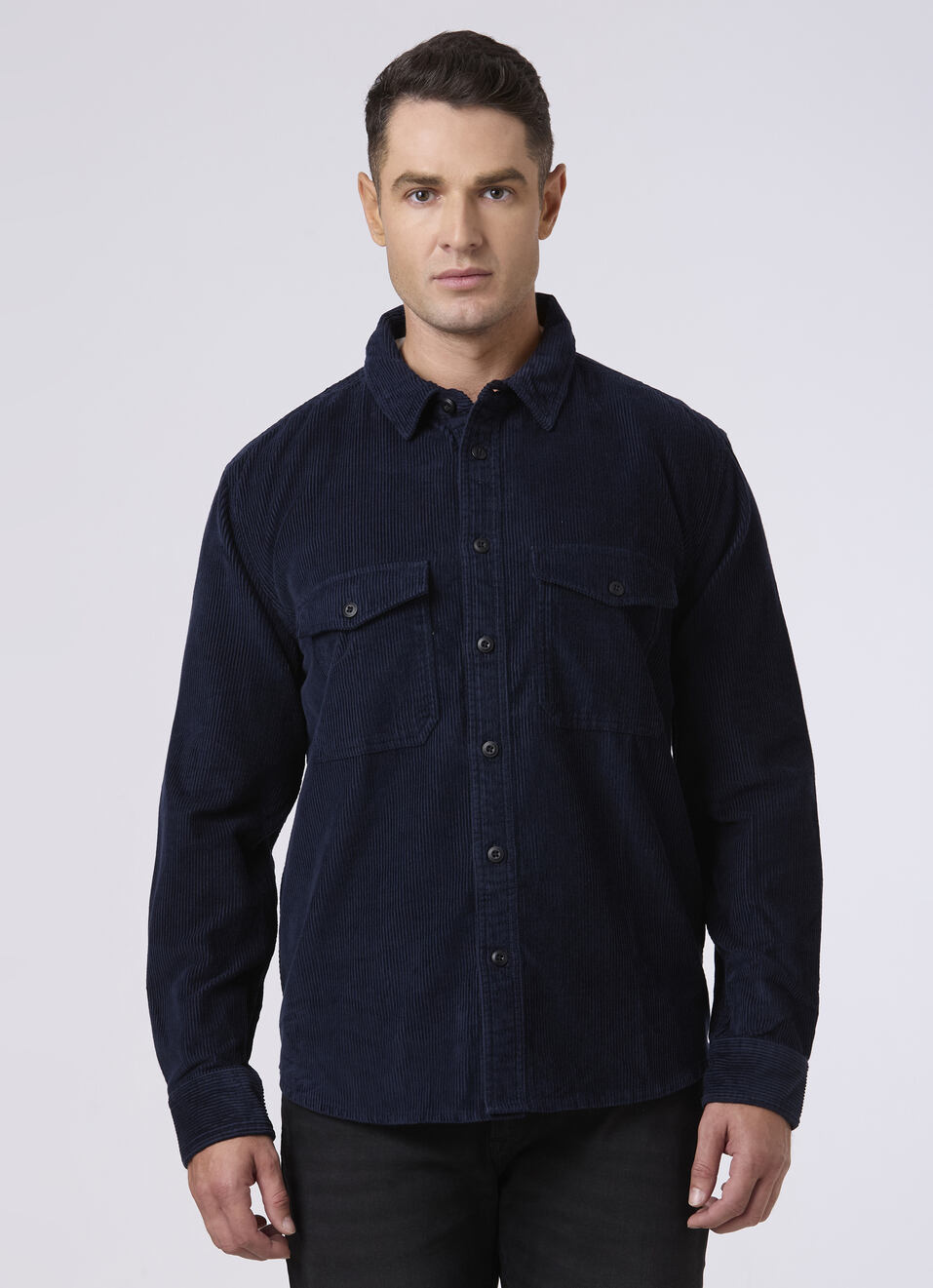 Men Navy Corduroy Oversized Shirt With Flap Pocket, , large image number 1