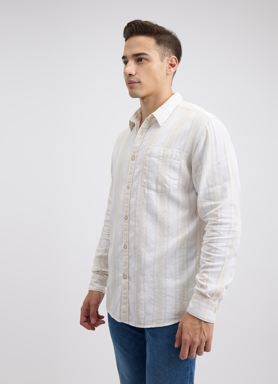 Men Beige Stripe Full Sleeve Shirt, , large image number 3