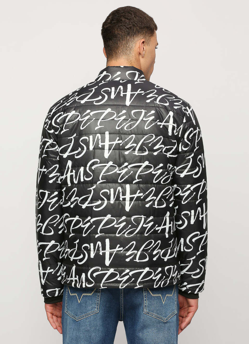 Black Typographic Printed Puffer Jacket, , large image number 2