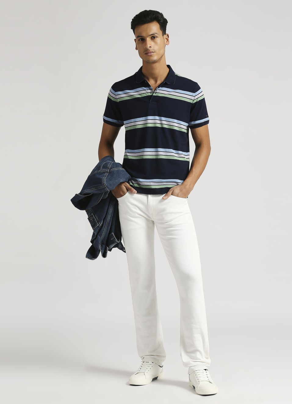 Yarn Dyed Stripes Indigo Short Sleeve Polo, , large image number 5