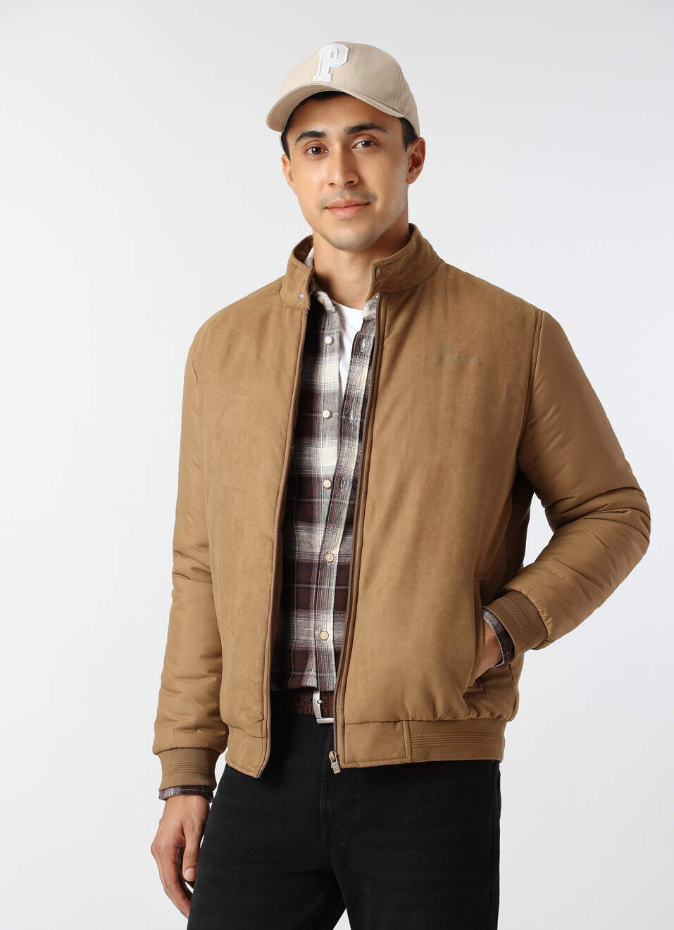 Men Beige Solid High Neck Puffer Jacket, , large image number 0