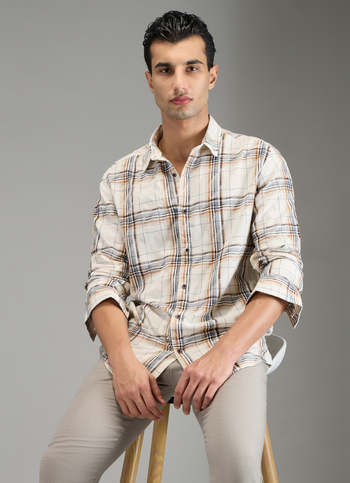 Men Off White Checked Shirt