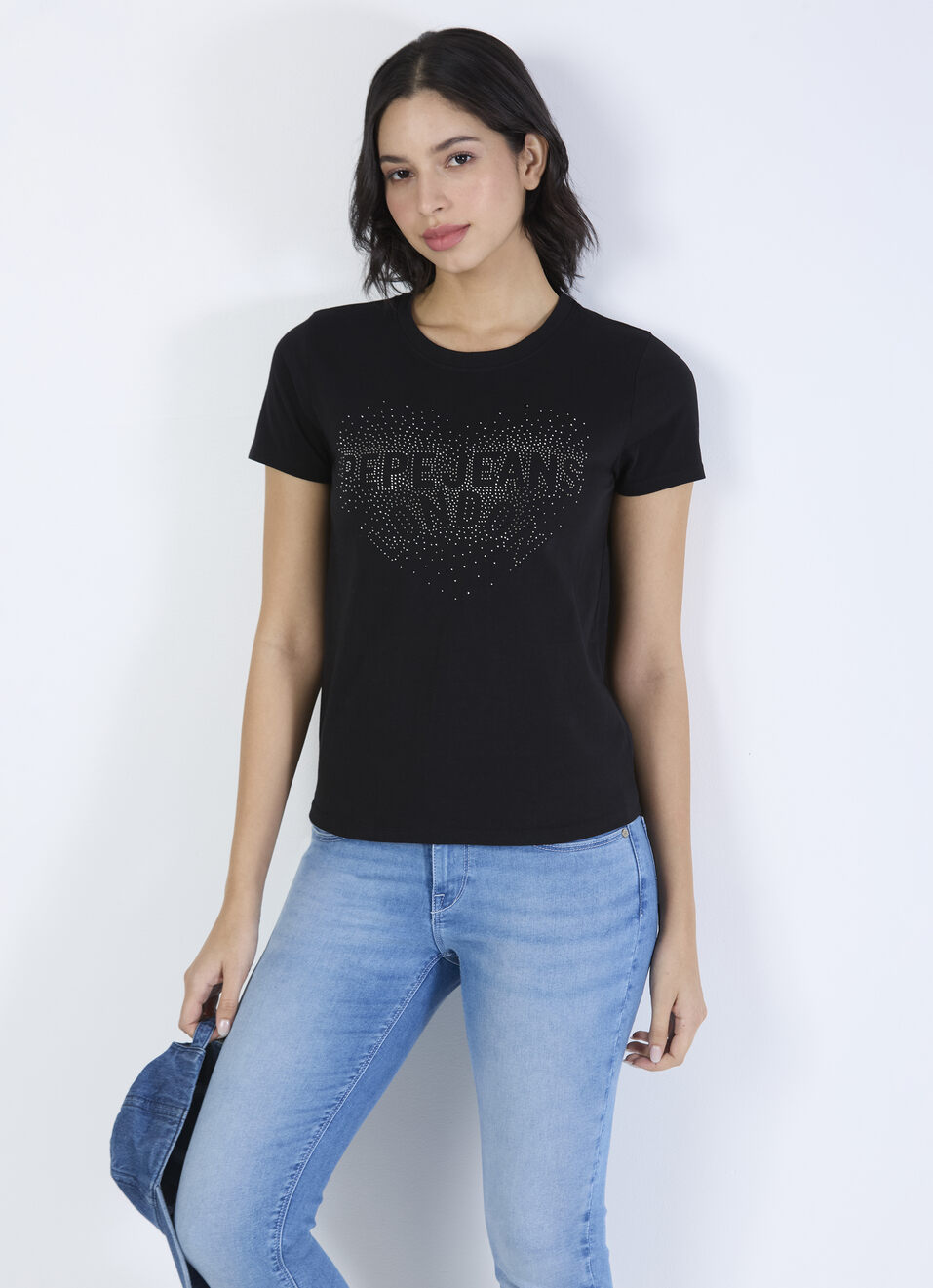 Women Black Embellished Short Sleeve Stretch T-shirt, , large image number 0