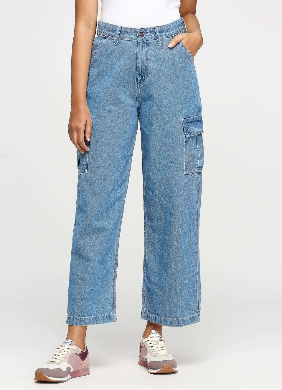 Cargo Straight Blue High Waist Jeans, , large image number 1