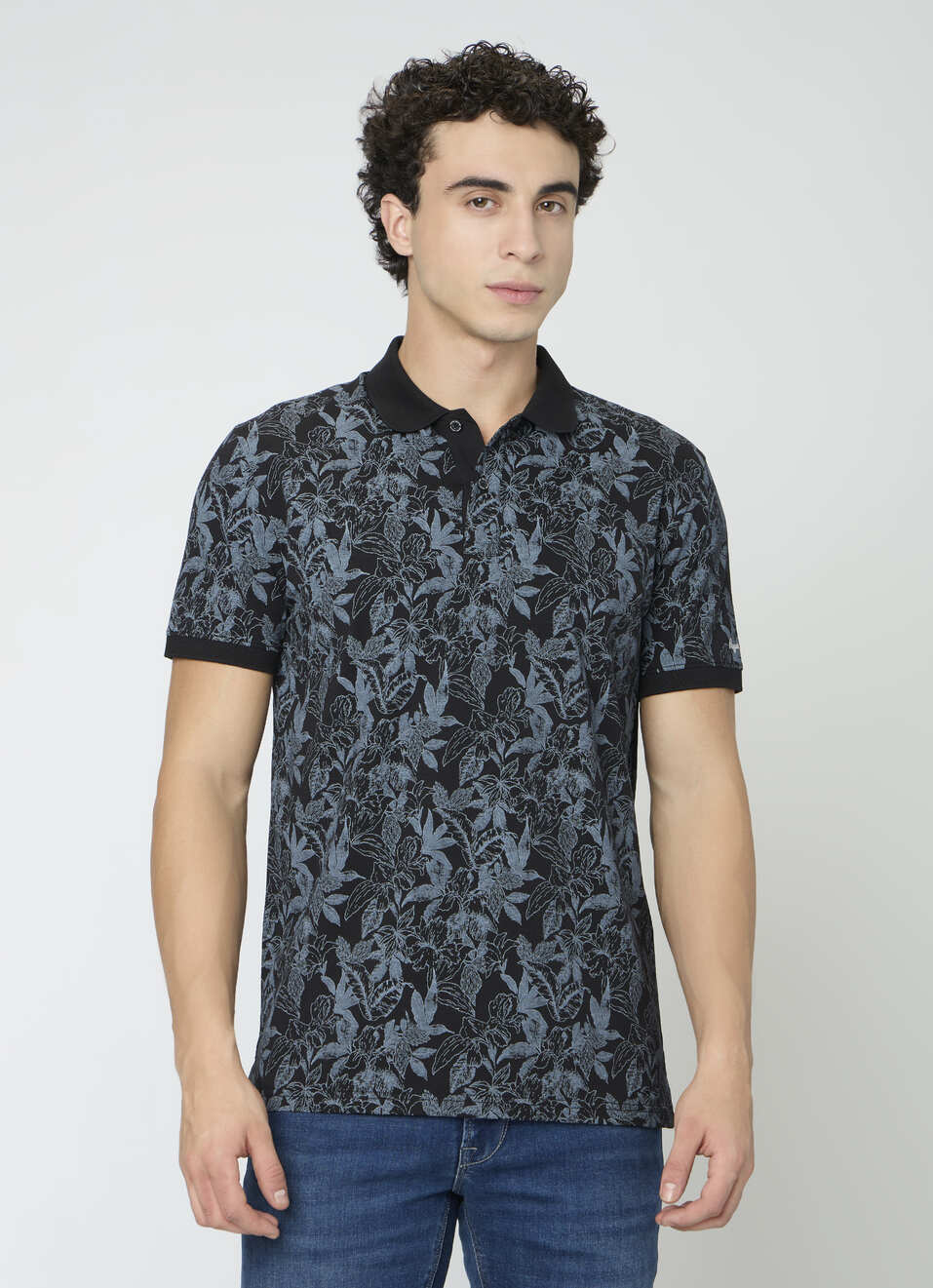 Men Black Printed Polo Collar T-shirt, , large image number 1