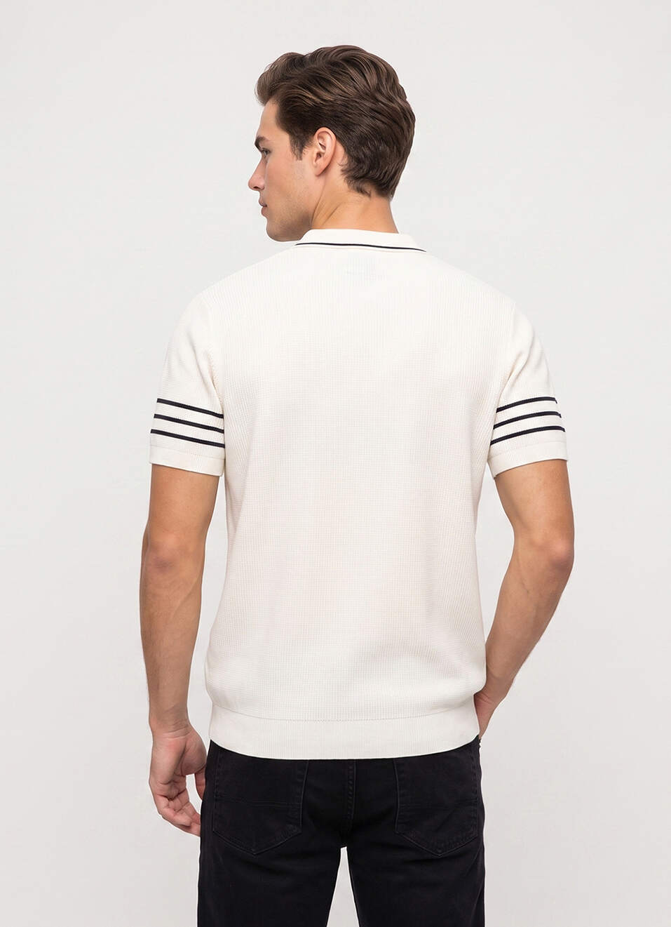 Men White Striped Flat Knit Polo Collar T-shirt, , large image number 2