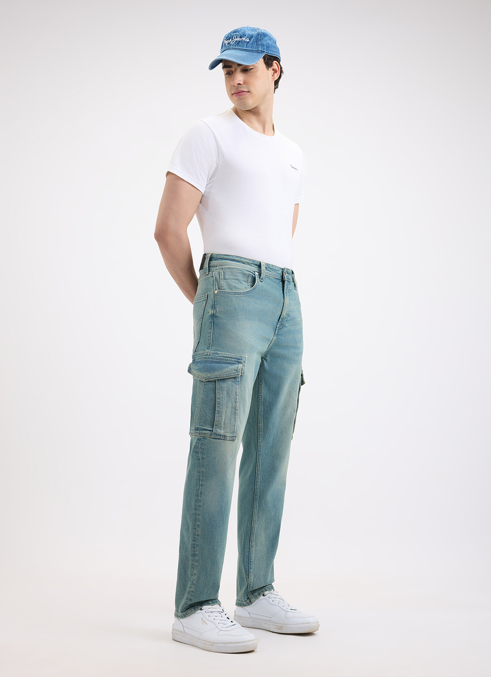 Men Blue Straight Fit Mid Rise Cargo Jeans, , large image number 5