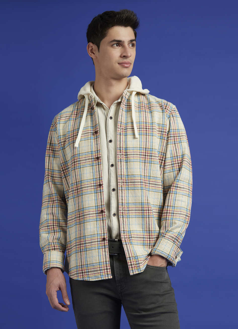 Ecru Check Full Sleeve Hooded Shirt, , large image number 0