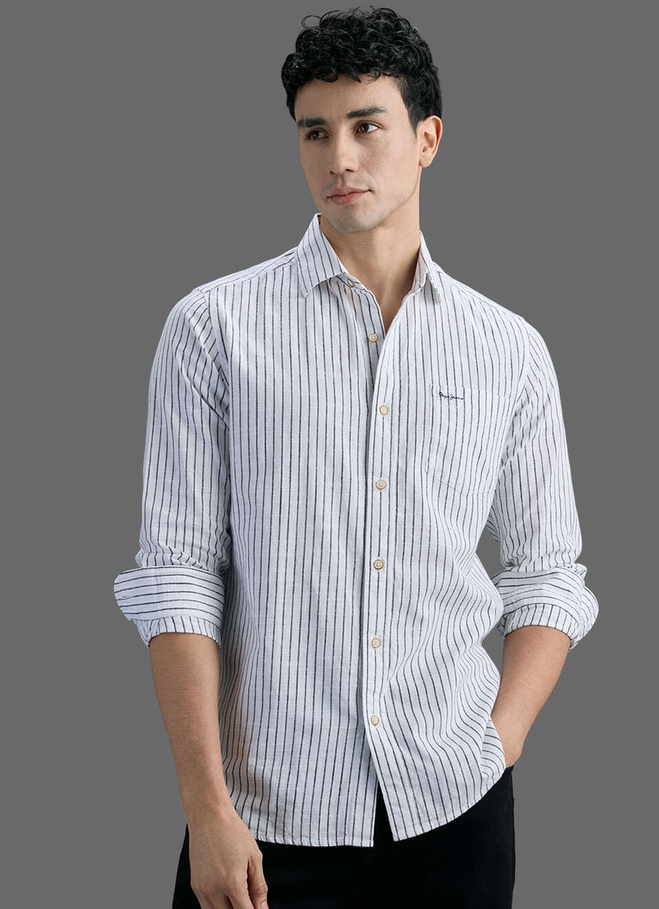 Men White Striped Long Sleeve Shirt, , large image number 7