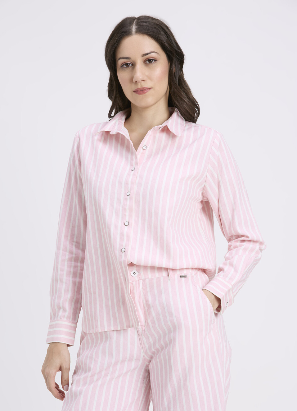 Women Pink Vertical Stripe Full Sleeve Shirt, , large image number 0