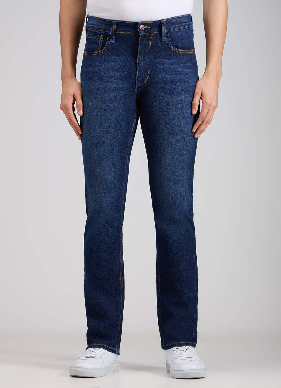 Men Dark Blue Mid Rise Straight Fit Strechable Jeans, , large image number 2